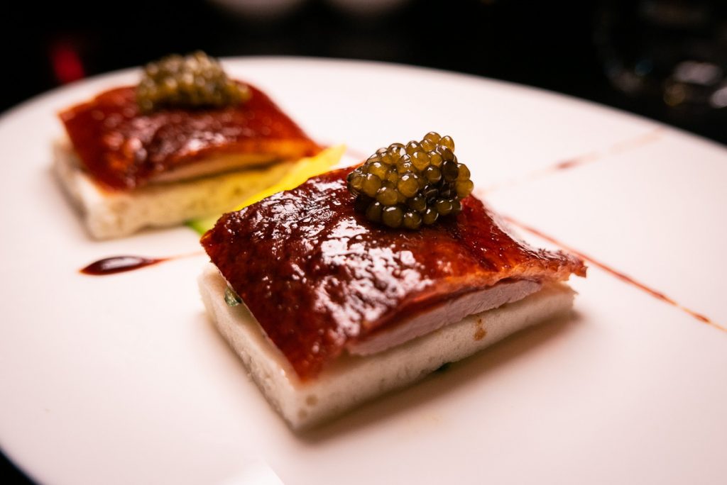 Crispy Duck with Imperial Caviar, a signature dish at Hakkasan Shanghai. Photo by Rachel Gouk.