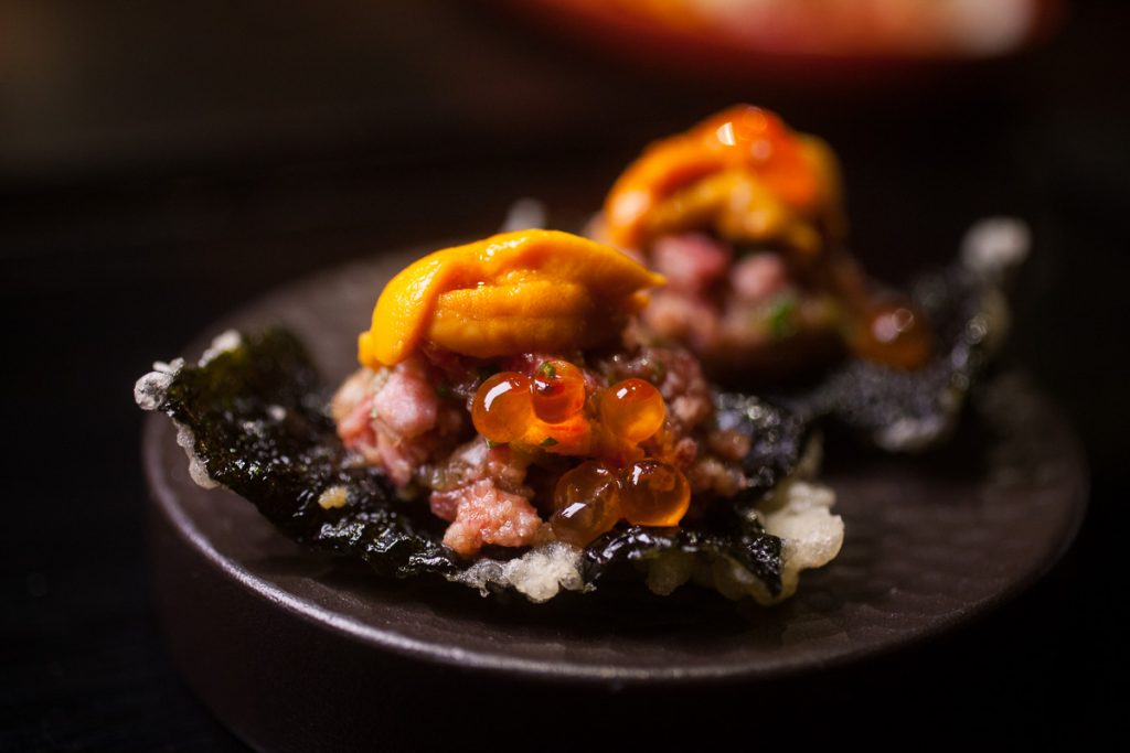 Uni, wagyu tartare, and salmon roe at Nakama, a Japanese restaurant in Shanghai specializing in high-grade beef yakiniku. Photo by Rachel Gouk.