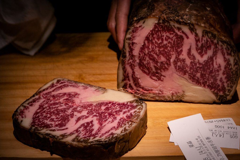 Wagyu rib eye at Nakama, a Japanese restaurant in Shanghai specializing in high-grade beef yakiniku. Photo by Rachel Gouk.