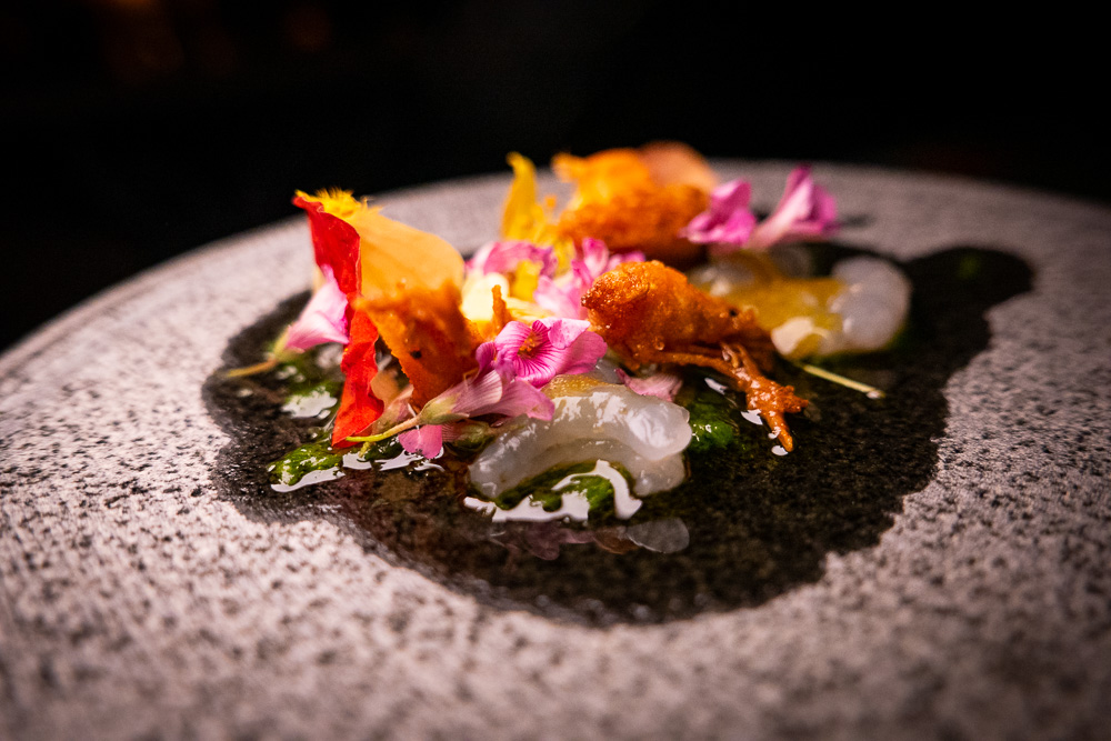 River prawns with sorrel juice at Botanik, a seasonal, mostly plant-based sustainable restaurant in Shanghai. Photo by Rachel Gouk. 