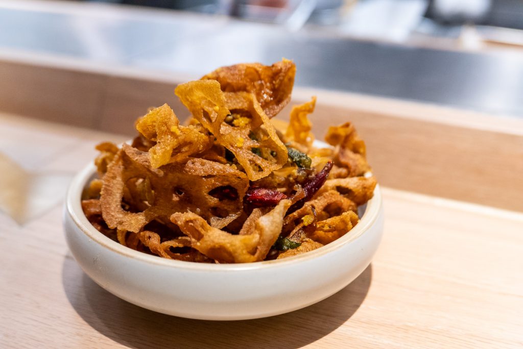 Salted Duck Yolk Lotus Roots at Heritage by Madison, a restaurant in Shanghai by chef Austin Hu serving a seamless mix of Western and Asian influences. Photo by Rachel Gouk.