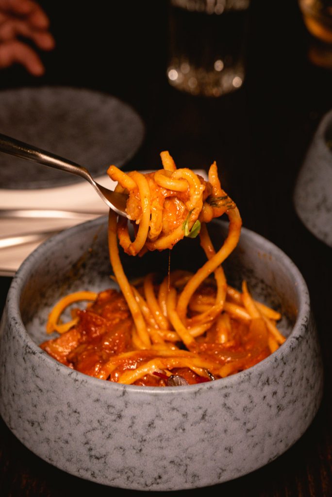 Bucatini Amatriciana at Arch by Taste Buds — a cocktail bar in Shanghai. Photo by Rachel Gouk.