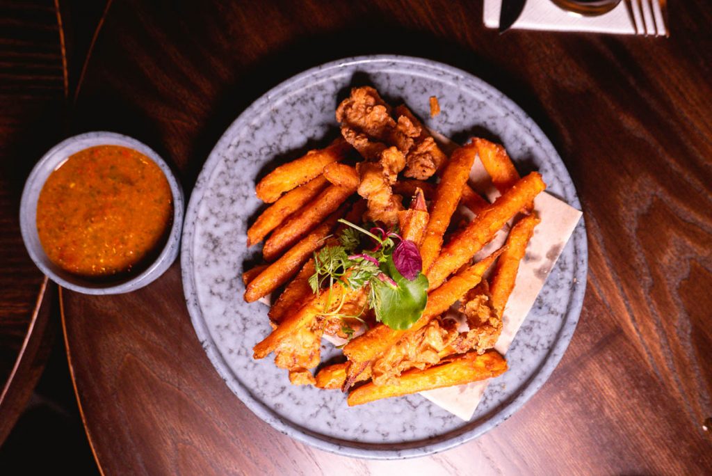 Chicken and sweet potatoes at Arch by Taste Buds — a cocktail bar in Shanghai. Photo by Rachel Gouk.