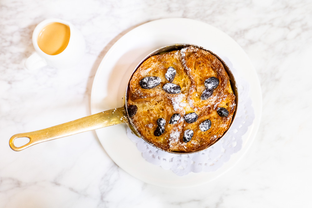 Croissant Bread Pudding on the brunch menu at Coquille Seafood Bistro, French restaurant in Shanghai. Photo by Rachel Gouk.