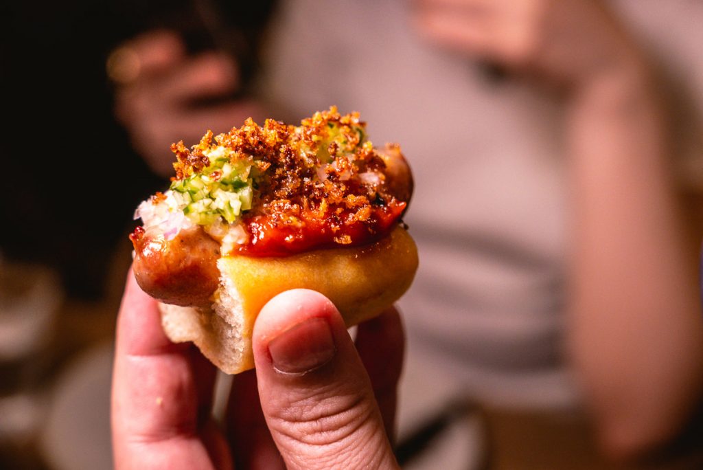 Danish mini hotdog at BOR Eatery, a restaurant in Shanghai. Photo by Rachel Gouk