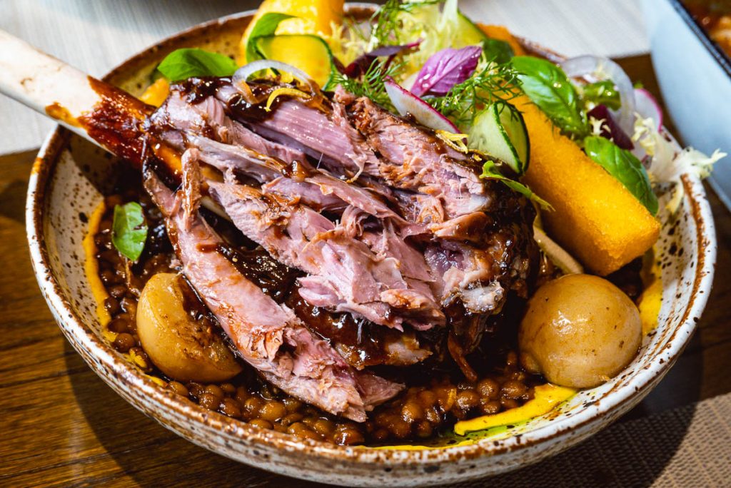 Braised lamb shank for Brunch at Atto Primo on the Bund, an Italian restaurant in Shanghai. Photo by Rachel Gouk.