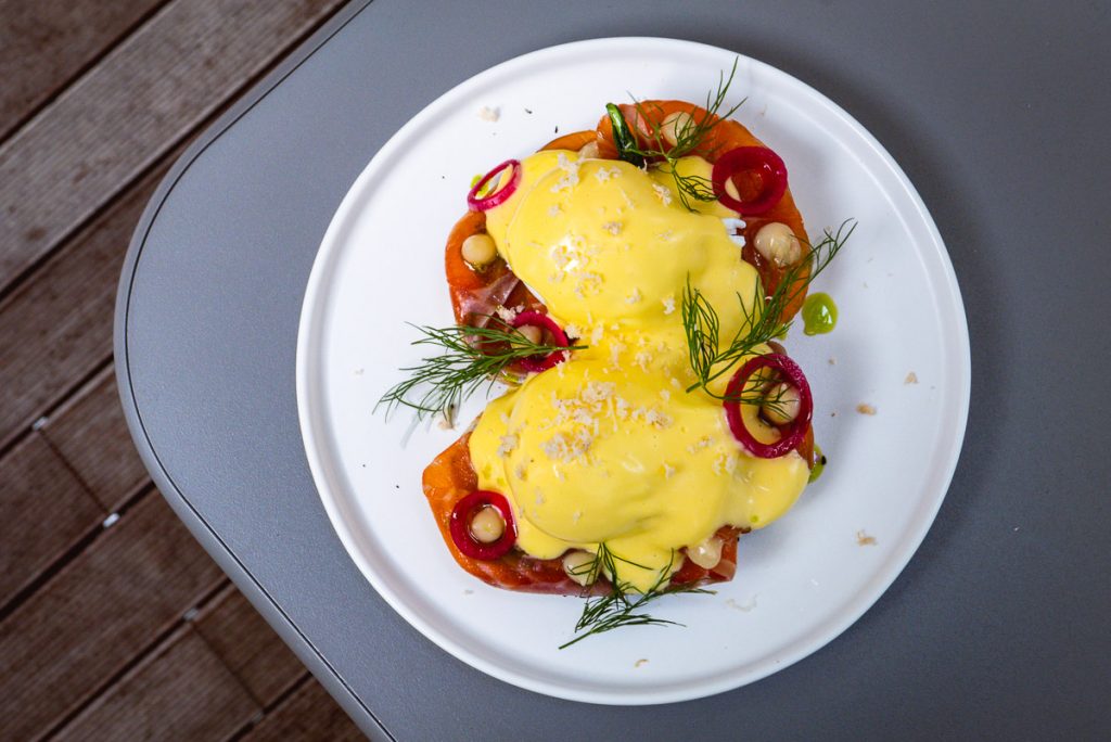 Eggs Benedict at Head in the Clouds, an all-day brunch restaurant in Shanghai. (Photo by Rachel Gouk)