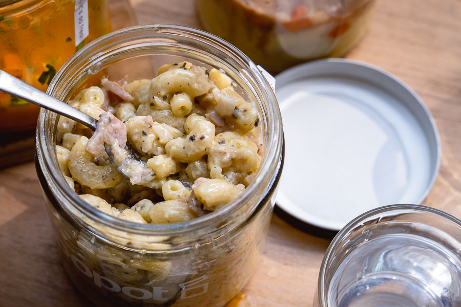 Coquillettes at Popot, a cafe in Shanghai serving French food in eco-friendly glass jars. Photo by Rachel Gouk.