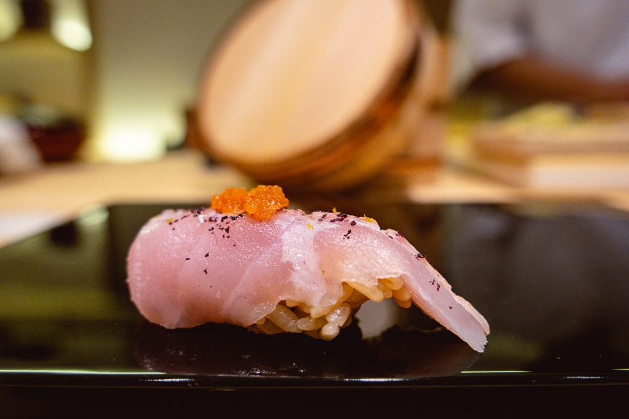 Kinmedai (splendid alfonsino) sushi at Sushi Naoki, a high-end Japanese restaurant in Shanghai that does a nigiri-based omakase menu. Photo by Rachel Gouk.