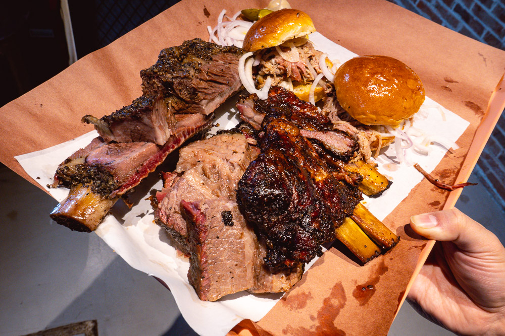 Barbecue platters to share at Garlic Barbecue, an American barbecue restaurant in Xintiandi, Shanghai. Photo by Rachel Gouk.