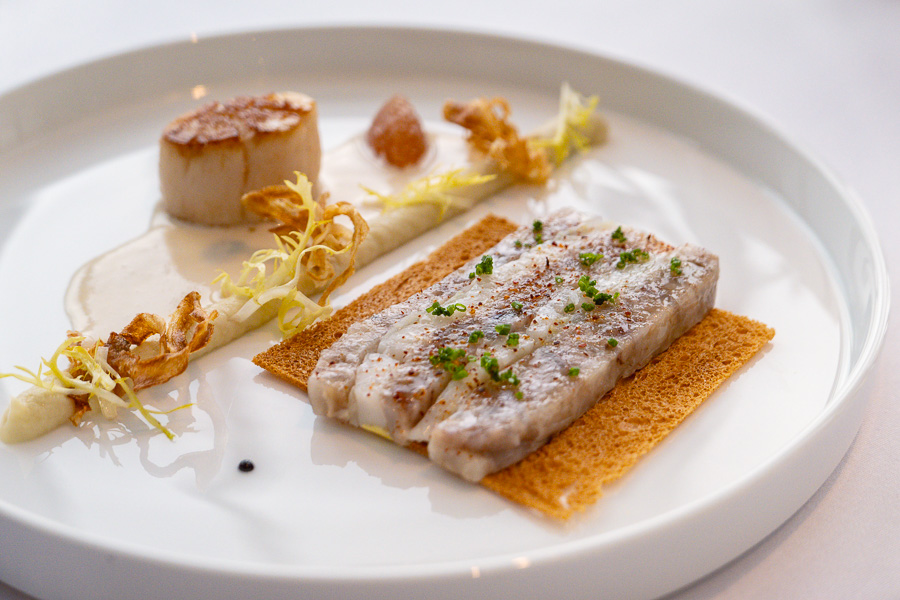 Hokkaido scallops with pork feet compression. Lunch at Maison Lameloise Shanghai, Michelin one-star restaurant in Shanghai. Photo by Rachel Gouk.