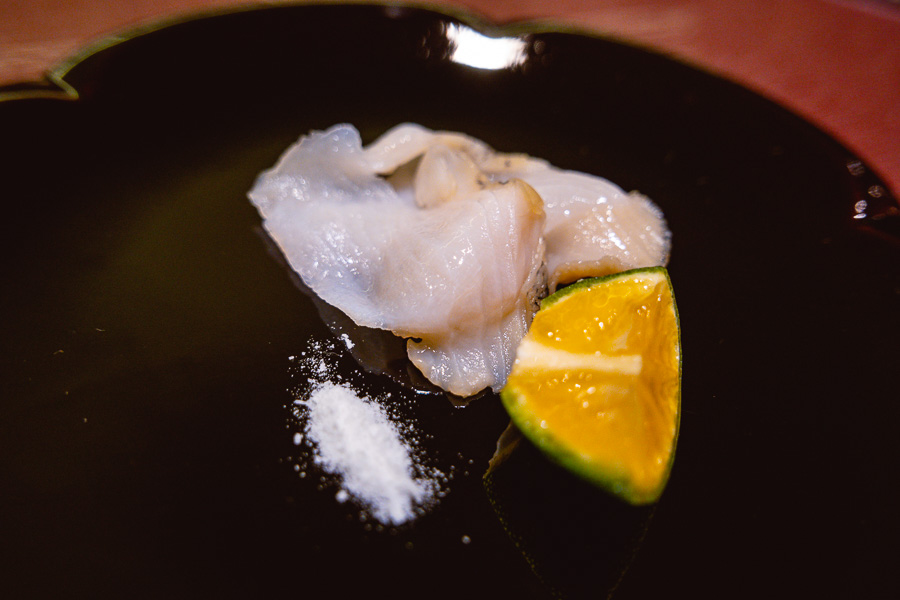 Triton's trumpet sea snail sashimi at Sushi Naoki, a high-end Japanese restaurant in Shanghai that does a nigiri-based omakase menu. Photo by Rachel Gouk.