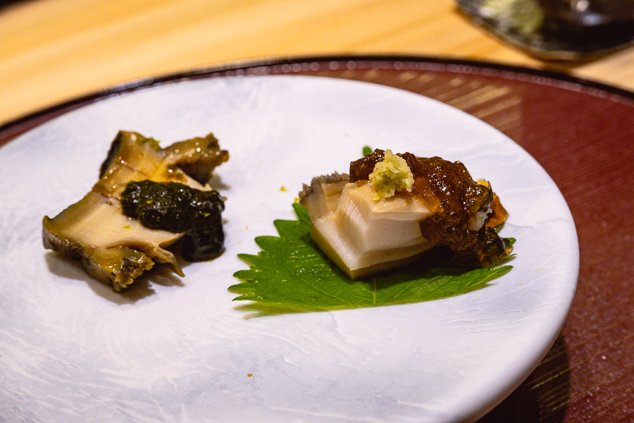Abalone and abalone liver at Sushi Naoki, a high-end Japanese restaurant in Shanghai that does a nigiri-based omakase menu. Photo by Rachel Gouk.