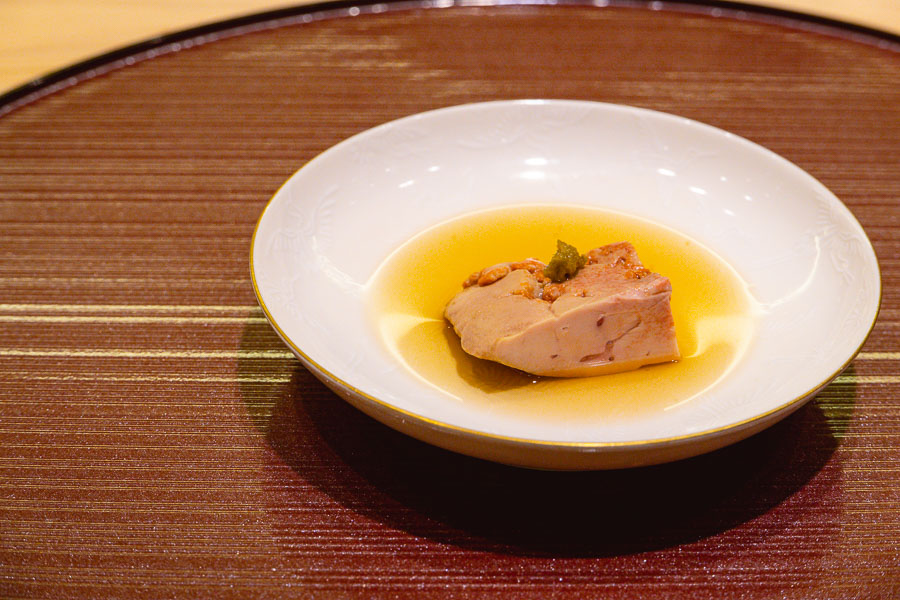 Akimo (monkfish liver) at Sushi Naoki, a high-end Japanese restaurant in Shanghai that does a nigiri-based omakase menu. Photo by Rachel Gouk.