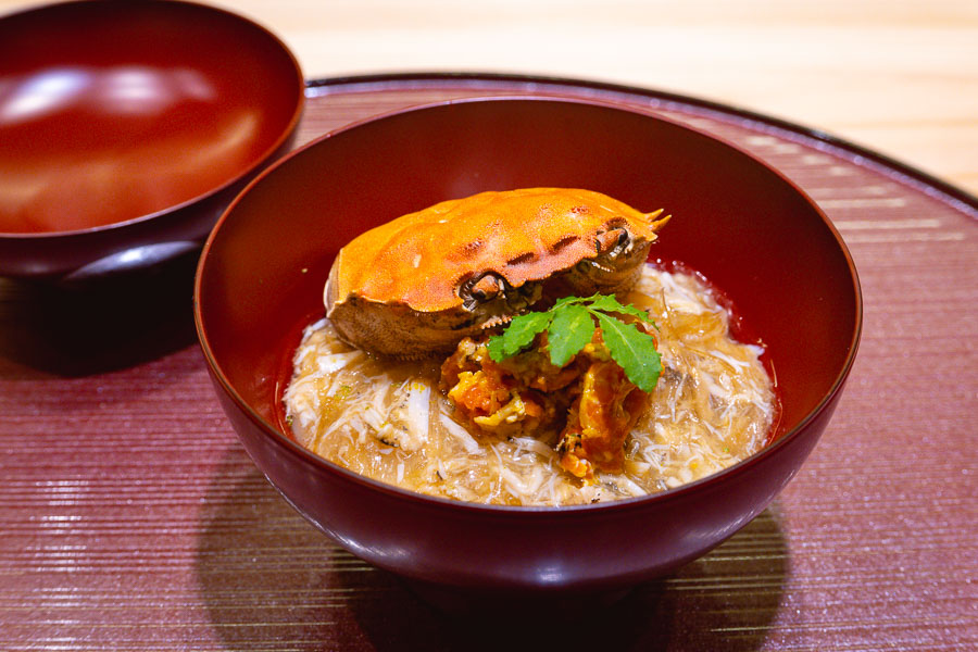 Crab with noodles at Sushi Naoki, a high-end Japanese restaurant in Shanghai that does a nigiri-based omakase menu. Photo by Rachel Gouk.