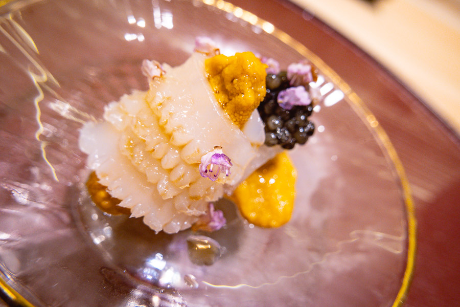 Squid starter at Sushi Naoki, a high-end Japanese restaurant in Shanghai that does a nigiri-based omakase menu. Photo by Rachel Gouk.