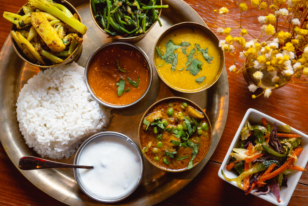 Dal Bhat, a traditional Nepalese meal served on a thali at Nepali Kitchen, a Nepalese restaurant in Shanghai. Photo by Rachel Gouk @ Nomfluence.