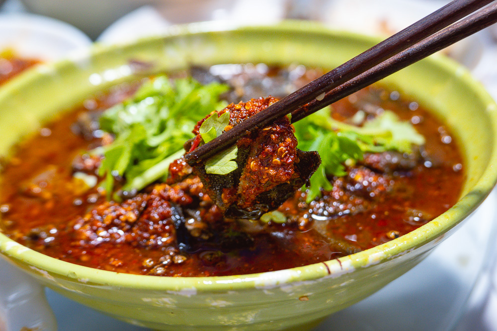 Mao Xue Wang, a dish of duck blood, tripe, and other fowl spare parts. La Wei Xian 辣味鲜, a private kitchen serving authentic Sichuan food in Shanghai. Photo by Rachel Gouk @ Nomfluence.