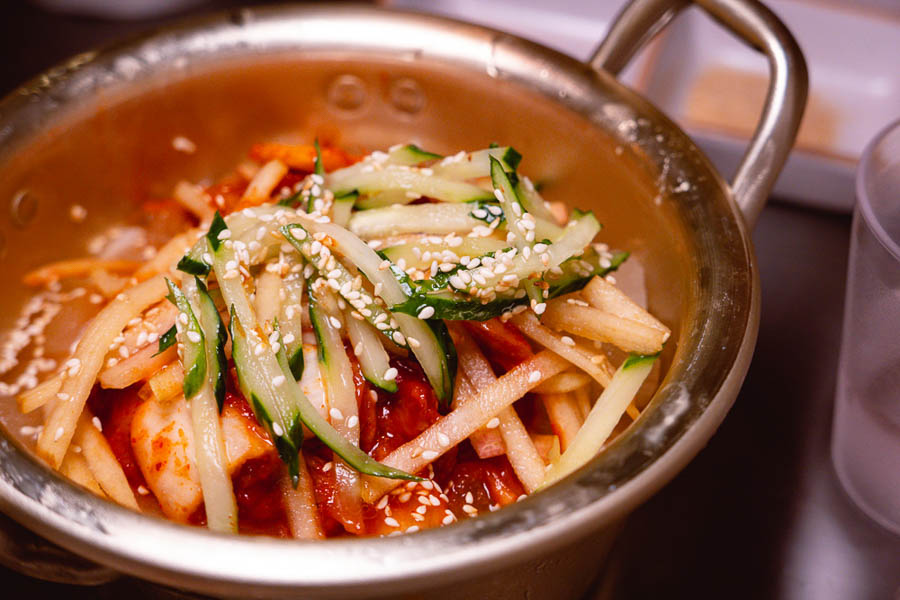 Kimchi cold noodles at Botong Sikdang (JIng'an), a Korean restaurant in Shanghai that specializes in grilled pork and banchan. Photo by Rachel Gouk @ Nomfluence.