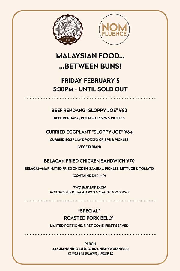 Nomfluence is bringing back Malaysian Food...Between Buns! Stacking Malaysian food in sandwiches at Perch on Friday, February 5.