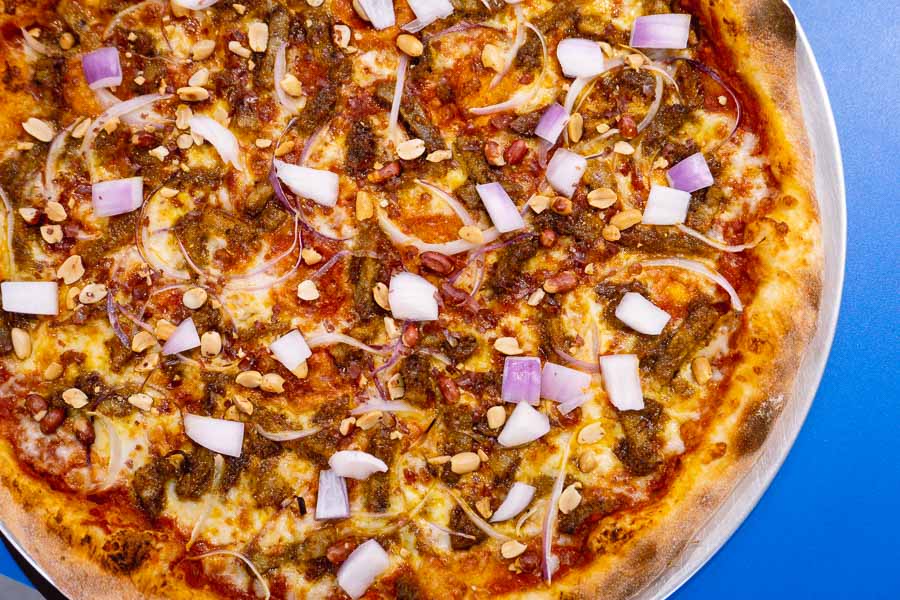 Rachel Gouk aka Nomfluence does a Penang Pork Satay guest chef pizza at Homeslice, Shanghai's most popular bestest pizza place. Photo by Rachel Gouk @ Nomfluence.