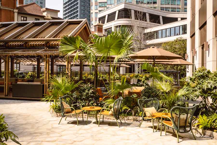 Outdoor Thai-style garden terrace at The Sukhothai Shanghai. Terrace happy hours in Shanghai @ Nomfluence