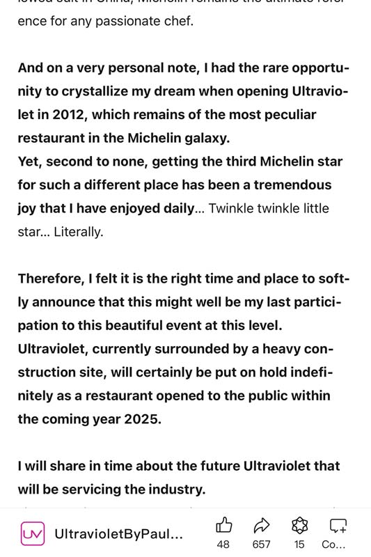Shanghai — Restaurant Ultraviolet by Paul Pairet to close in 2025.